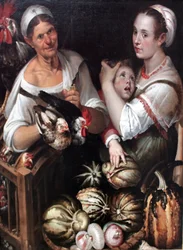 Dos mujeres del mercado y un niño con aves y verduras